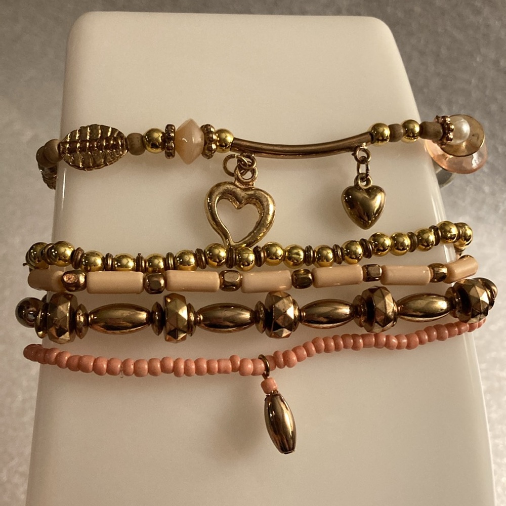 NWOT - Stacked Boho Brassy & Coral Beaded Stretch Charm Bracelets (5)